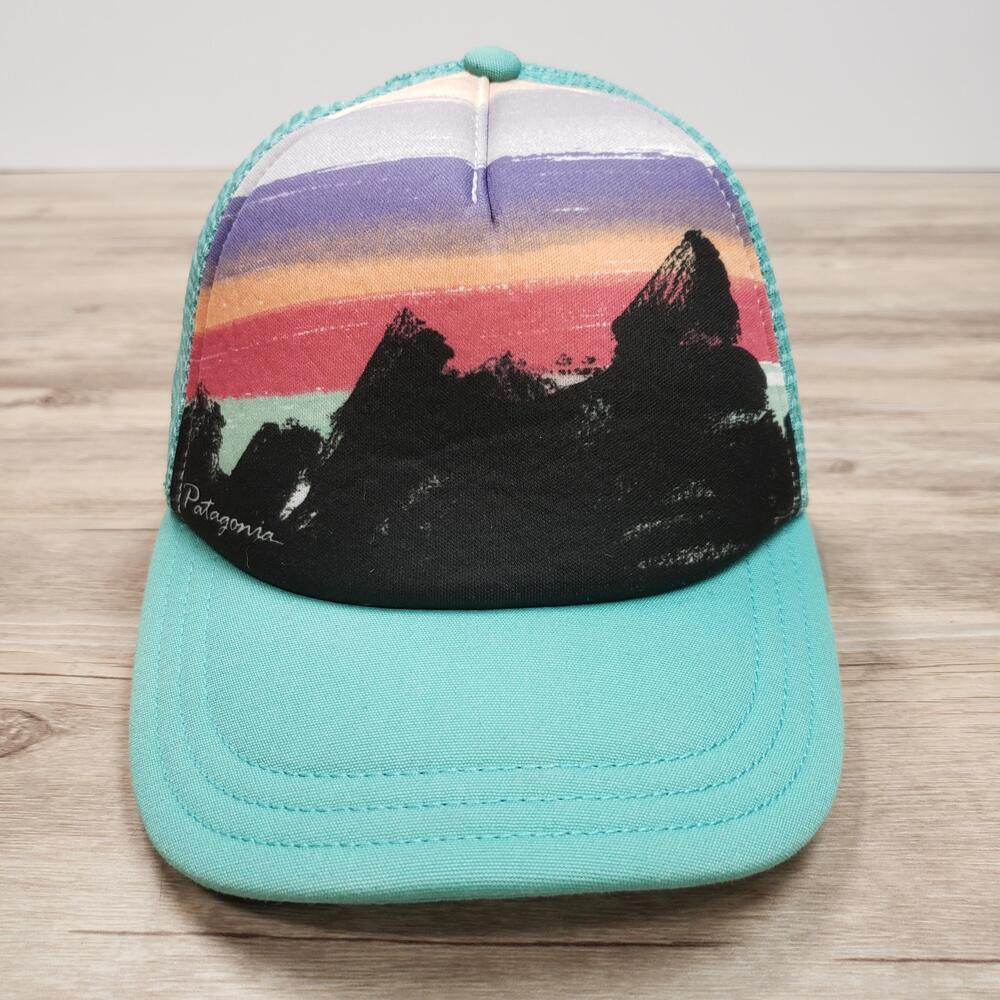 Patagonia Hat Cap Snap Back Teal Mesh Trucker Sunset Mountain Graphic Womens